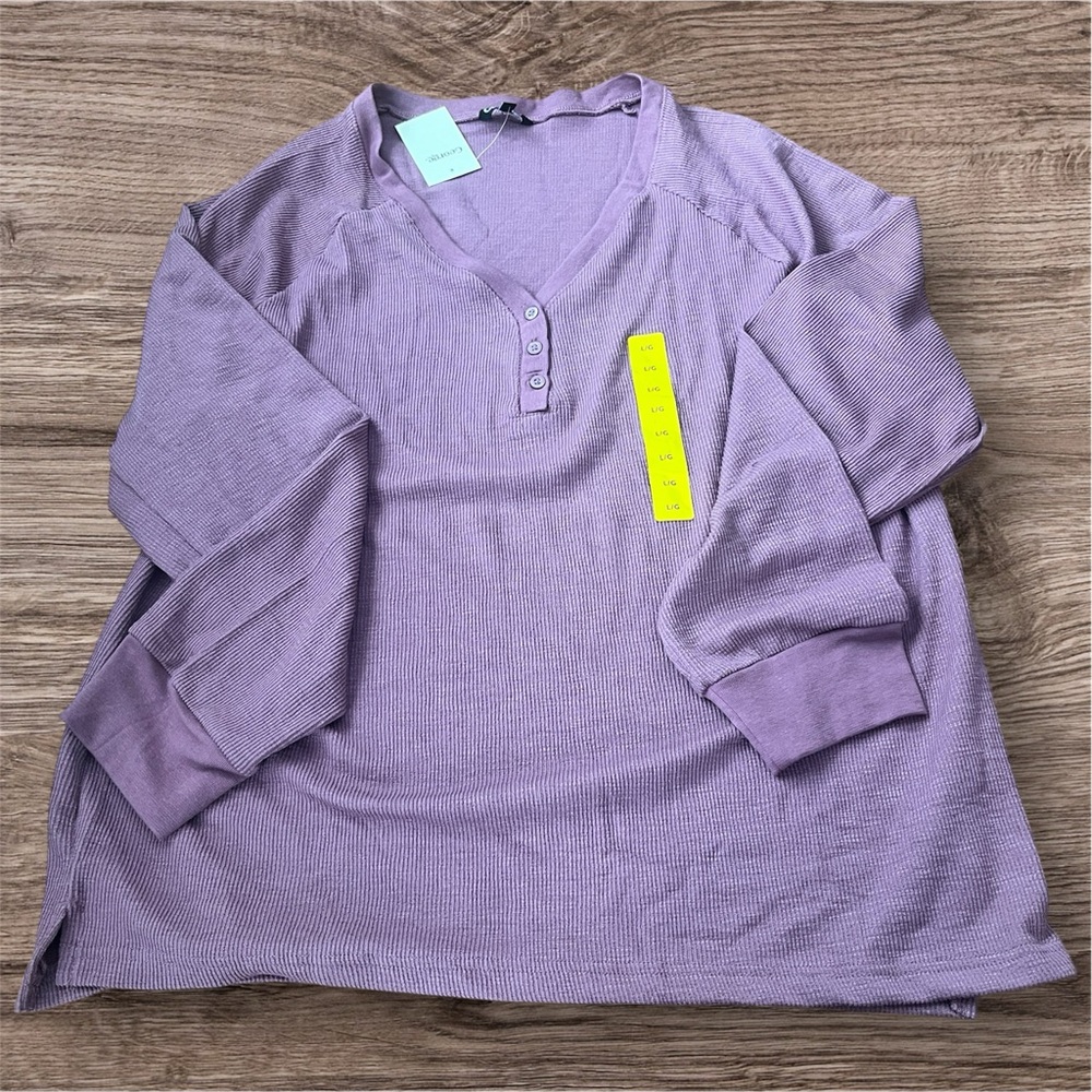 Mauve V-Neck Ribbed Henley Top - Picture 1 of 7